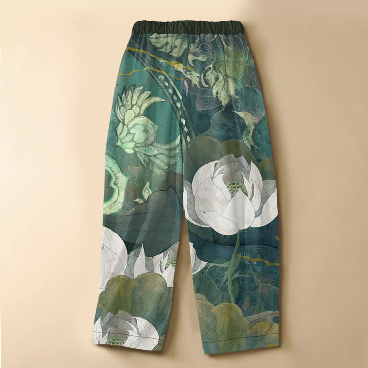 Buddha Stones Pure Cotton Watercolor White Lotus Leaf Pattern Frog Button Women's Elastic Waist Harem Pants With Pockets - image 1