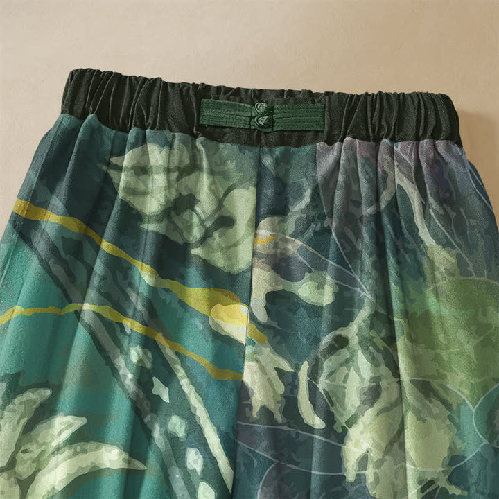 Buddha Stones Pure Cotton Watercolor White Lotus Leaf Pattern Frog Button Women's Elastic Waist Harem Pants With Pockets - image 2
