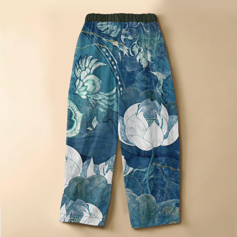 Buddha Stones Pure Cotton Watercolor White Lotus Leaf Pattern Frog Button Women's Elastic Waist Harem Pants With Pockets - image 8
