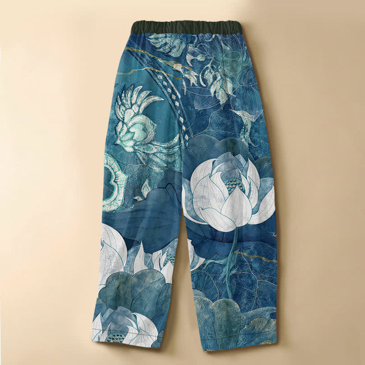 Buddha Stones Pure Cotton Watercolor White Lotus Leaf Pattern Frog Button Women's Elastic Waist Harem Pants With Pockets - image 8