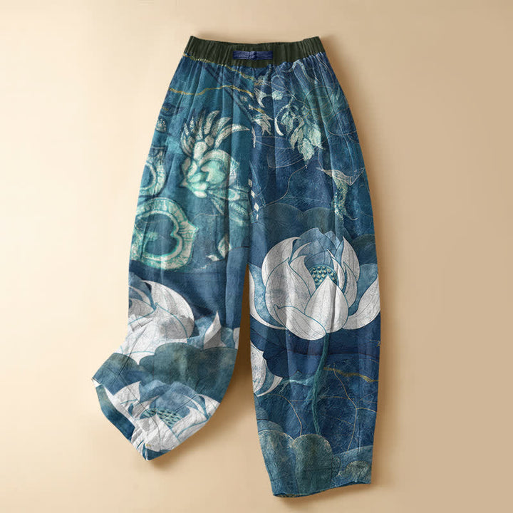 Buddha Stones Pure Cotton Watercolor White Lotus Leaf Pattern Frog Button Women's Elastic Waist Harem Pants With Pockets - SteelBlue - US16，UK/AU20，EU48 (3XL) - image 7