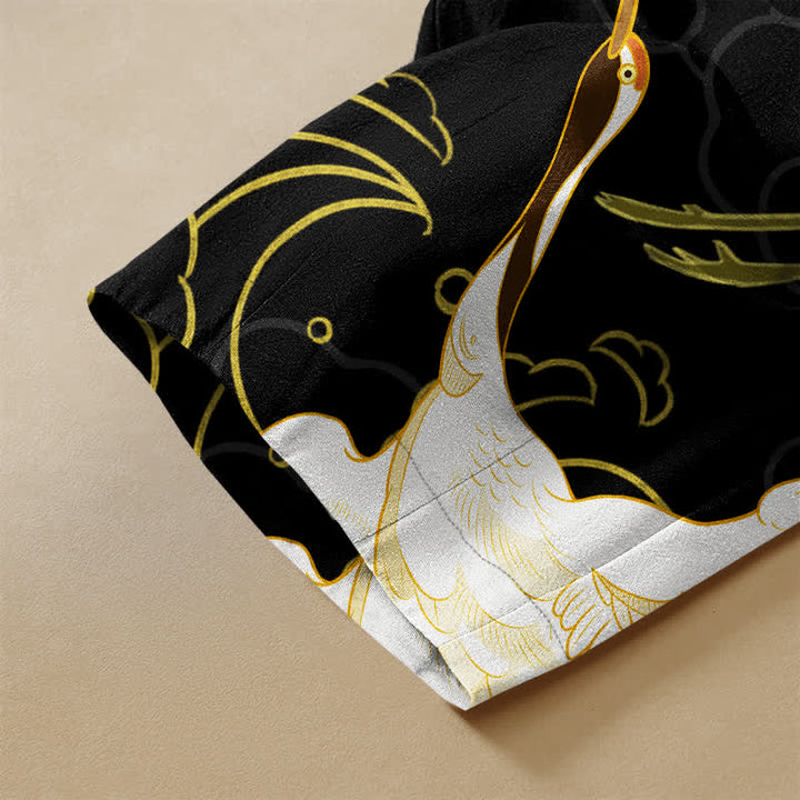 Buddha Stones Pure Cotton Oriental Crane Blossom Flowers Auspicious Clouds Pattern Frog Button Women's Elastic Waist Harem Pants With Pockets - image 3