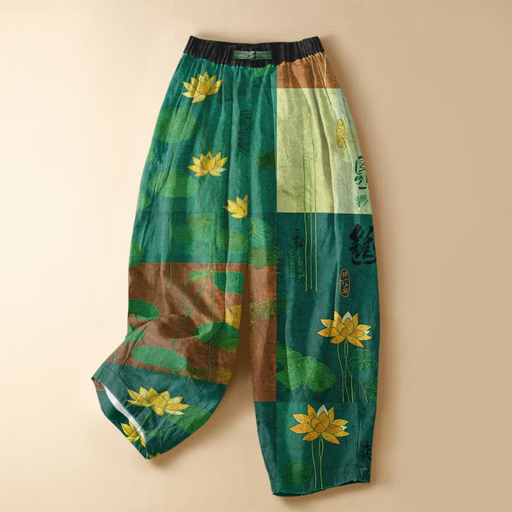Buddha Stones Pure Cotton Vintage Lotus Patchwork Pattern Frog Button Women's Elastic Waist Harem Pants With Pockets - LightSeaGreen - US16，UK/AU20，EU48 (3XL) - image 5