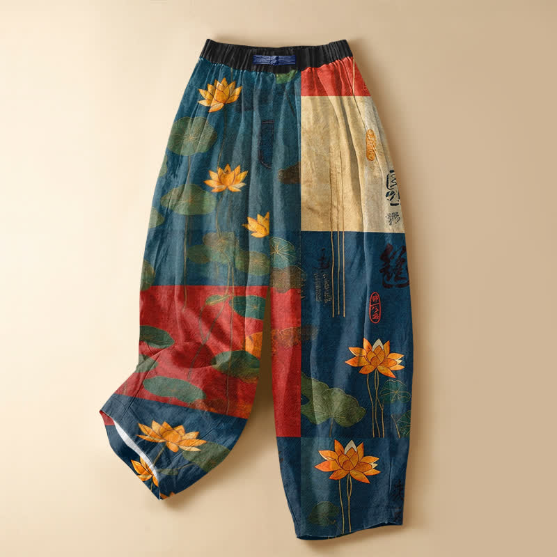 Buddha Stones Pure Cotton Vintage Lotus Patchwork Pattern Frog Button Women's Elastic Waist Harem Pants With Pockets - image 7