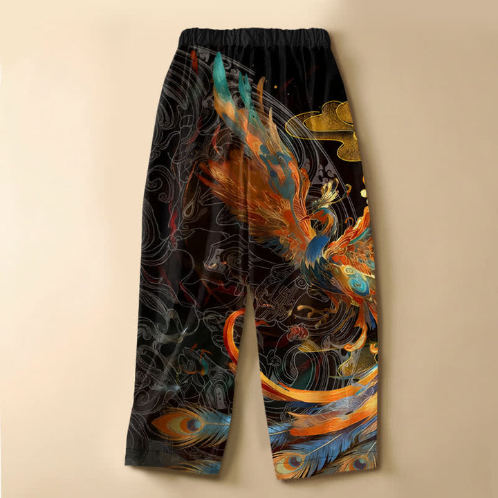 Buddha Stones Pure Cotton Royal Phoenix Feather Pattern Frog Button Women's Elastic Waist Harem Pants With Pockets - image 1