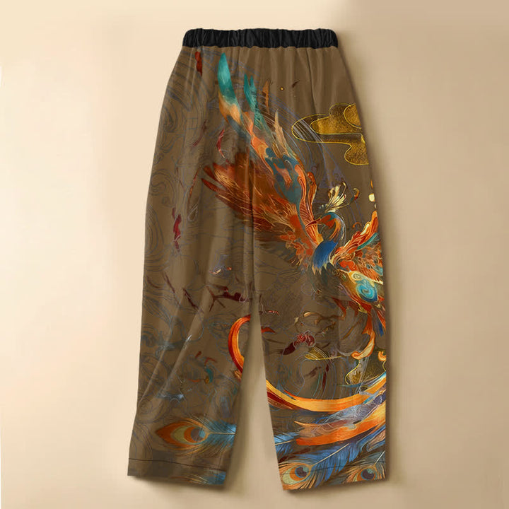 Buddha Stones Pure Cotton Royal Phoenix Feather Pattern Frog Button Women's Elastic Waist Harem Pants With Pockets - image 6