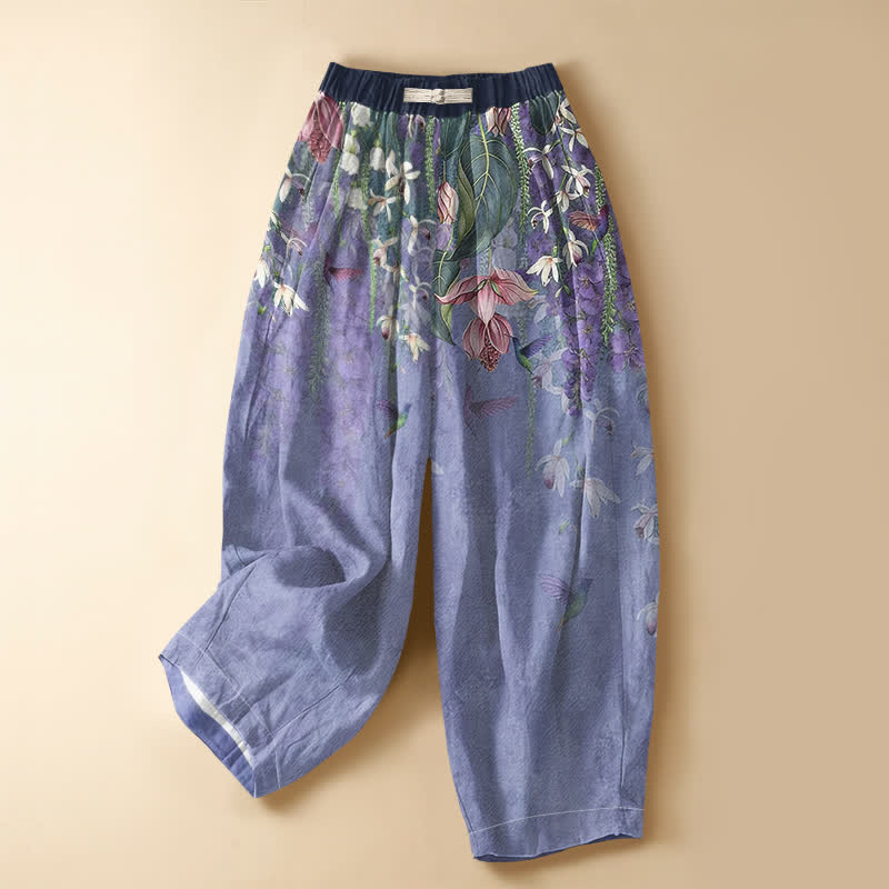 Buddha Stones Pure Cotton Watercolor Floral Hummingbird Pattern Frog Button Women's Elastic Waist Harem Pants With Pockets - MediumSlateBlue - US16，UK/AU20，EU48 (3XL) - image 0