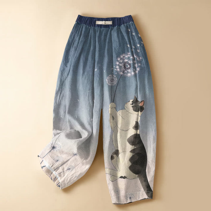 Buddha Stones Pure Cotton Playful Cat Dandelion Pattern Frog Button Women's Elastic Waist Harem Pants With Pockets - SteelBlue - US16，UK/AU20，EU48 (3XL) - image 0