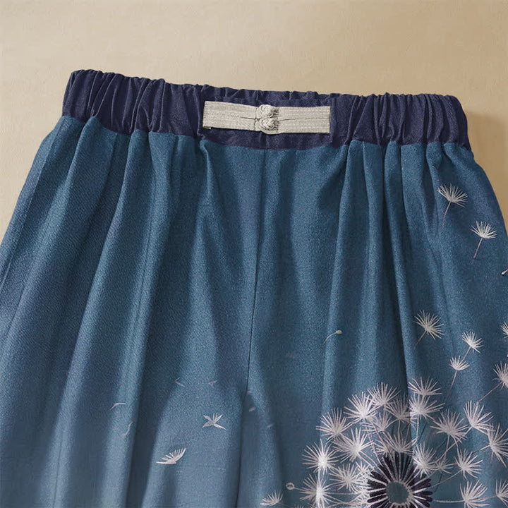 Buddha Stones Pure Cotton Playful Cat Dandelion Pattern Frog Button Women's Elastic Waist Harem Pants With Pockets - image 2