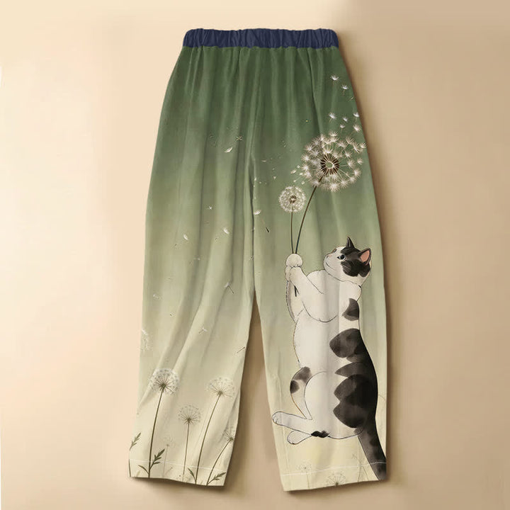 Buddha Stones Pure Cotton Playful Cat Dandelion Pattern Frog Button Women's Elastic Waist Harem Pants With Pockets - image 6