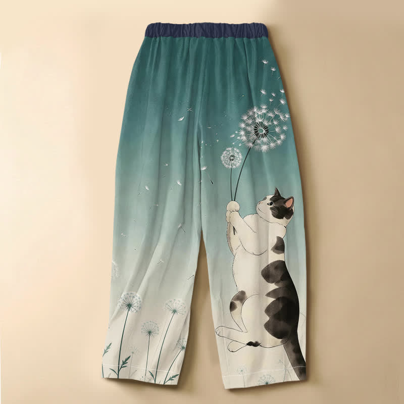 Buddha Stones Pure Cotton Playful Cat Dandelion Pattern Frog Button Women's Elastic Waist Harem Pants With Pockets - image 8