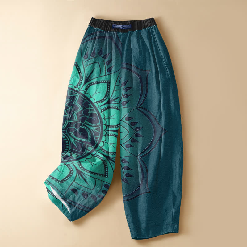 Buddha Stones Pure Cotton Bohemian Mandala Floral Pattern Frog Button Women's Elastic Waist Harem Pants With Pockets - Teal - US16，UK/AU20，EU48 (3XL) - image 7