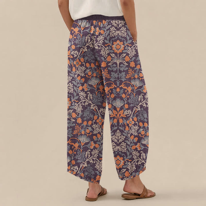 Buddha Stones Cotton Floral Vine Pattern Pleated Elastic Waist Women's Harem Pants With Pockets - image 2