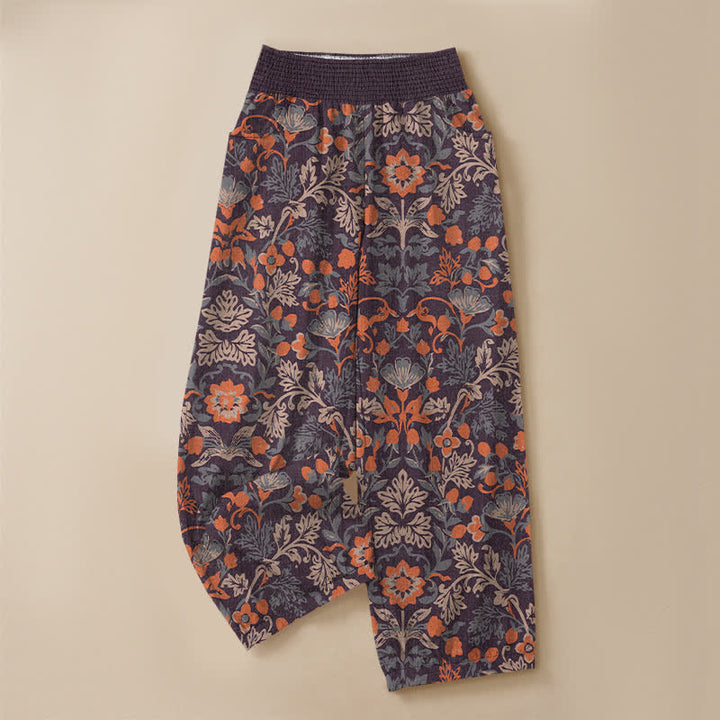 Buddha Stones Cotton Floral Vine Pattern Pleated Elastic Waist Women's Harem Pants With Pockets - image 3