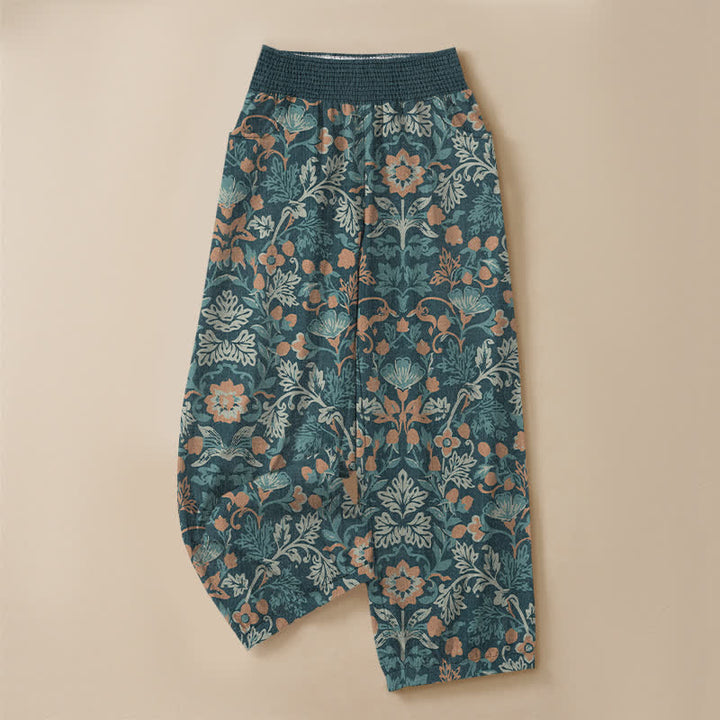 Buddha Stones Cotton Floral Vine Pattern Pleated Elastic Waist Women's Harem Pants With Pockets - image 9