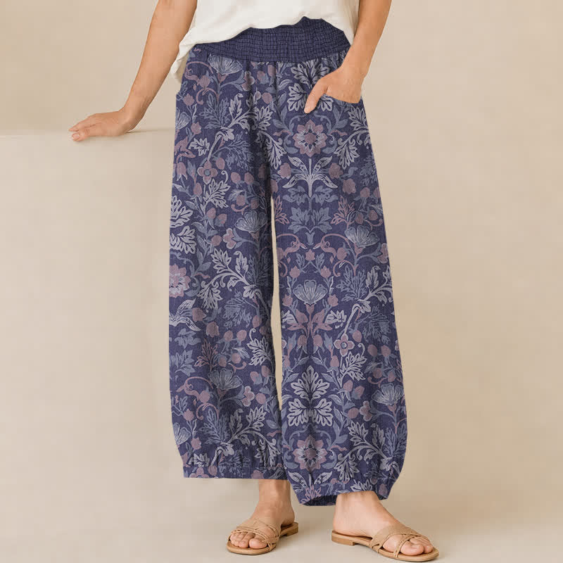 Buddha Stones Cotton Floral Vine Pattern Pleated Elastic Waist Women's Harem Pants With Pockets - MediumPurple - US16，UK/AU20，EU48 (3XL) - image 10