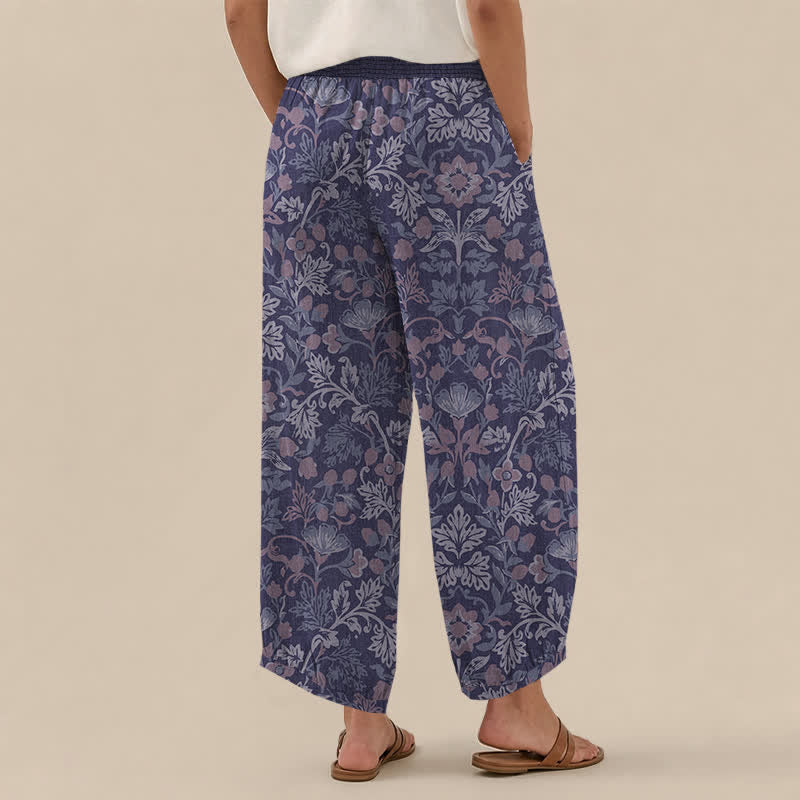 Buddha Stones Cotton Floral Vine Pattern Pleated Elastic Waist Women's Harem Pants With Pockets - image 12