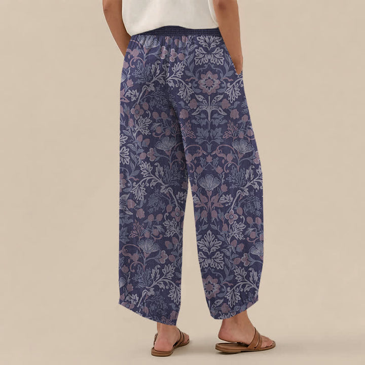 Buddha Stones Cotton Floral Vine Pattern Pleated Elastic Waist Women's Harem Pants With Pockets - image 12