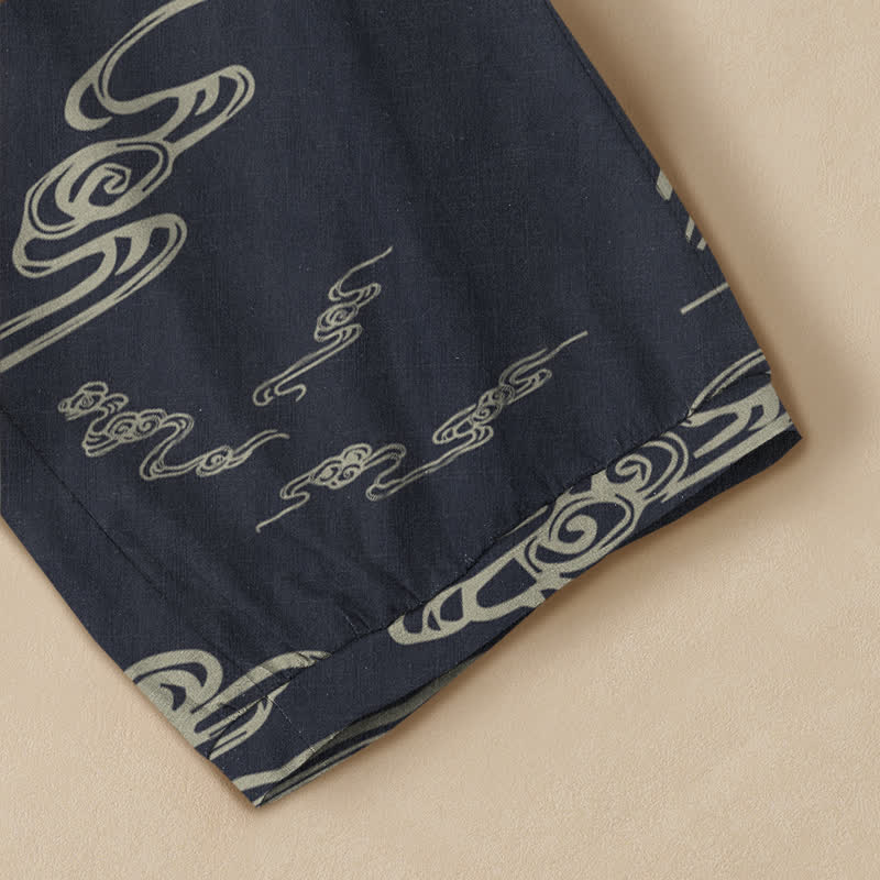 Buddha Stones Cotton Mountain Moon Auspicious Clouds Pattern Pleated Elastic Waist Women's Harem Pants With Pockets - image 5