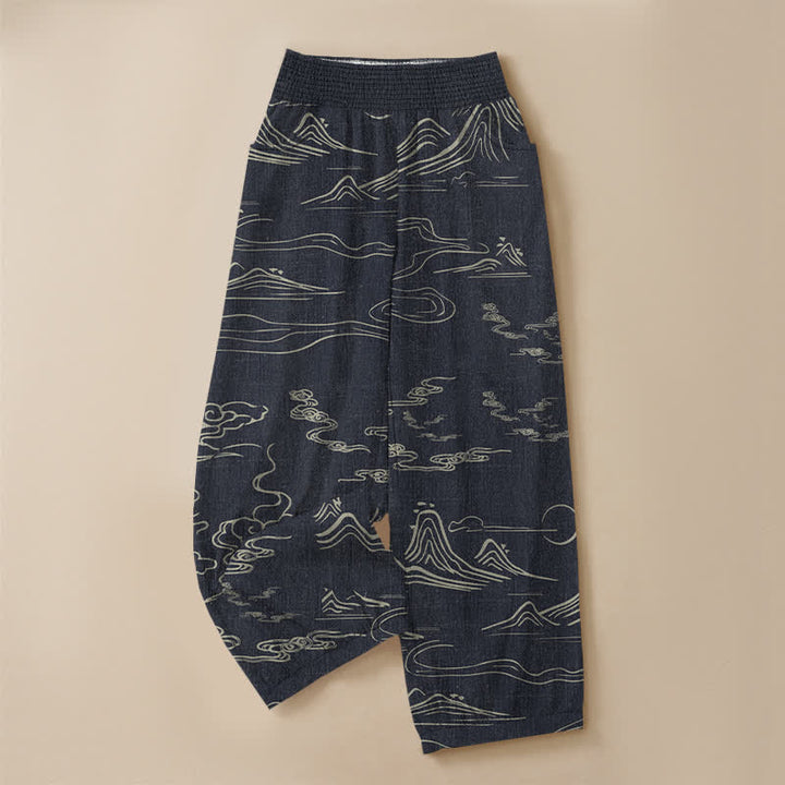 Buddha Stones Cotton Mountain Moon Auspicious Clouds Pattern Pleated Elastic Waist Women's Harem Pants With Pockets - image 3