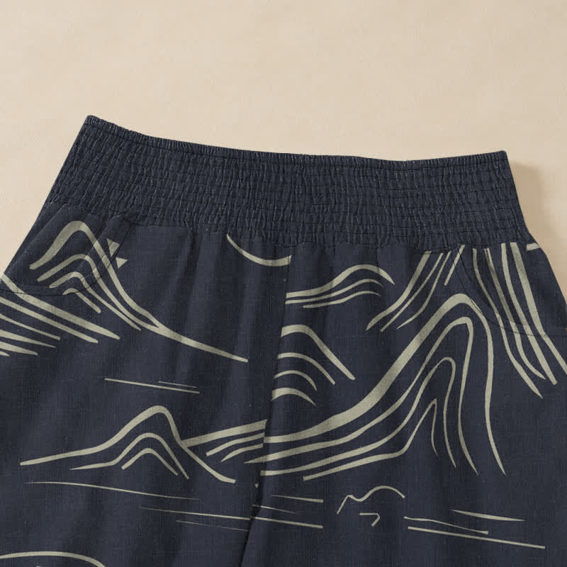 Buddha Stones Cotton Mountain Moon Auspicious Clouds Pattern Pleated Elastic Waist Women's Harem Pants With Pockets - image 4
