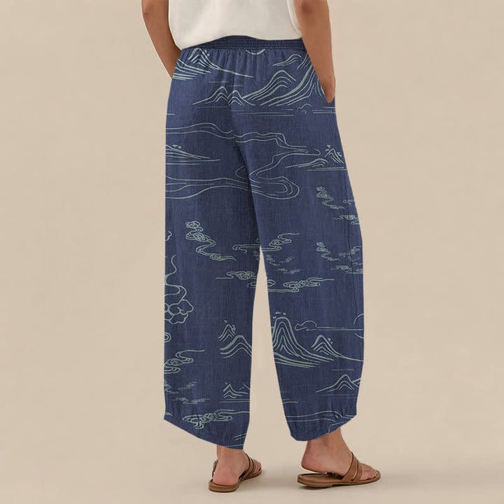 Buddha Stones Cotton Mountain Moon Auspicious Clouds Pattern Pleated Elastic Waist Women's Harem Pants With Pockets - image 8