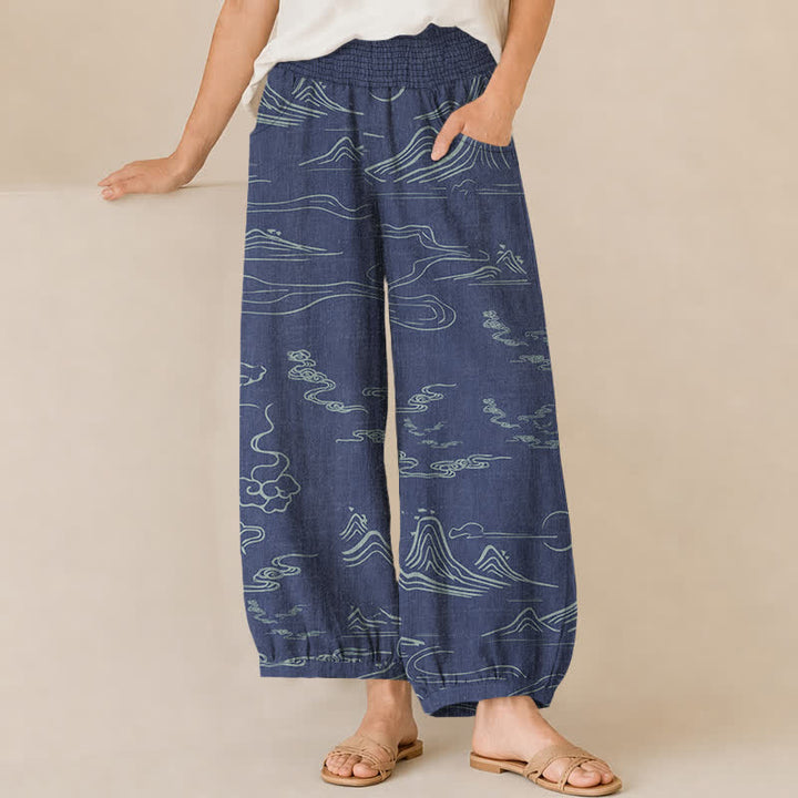 Buddha Stones Cotton Mountain Moon Auspicious Clouds Pattern Pleated Elastic Waist Women's Harem Pants With Pockets - SteelBlue - US16，UK/AU20，EU48 (3XL) - image 6