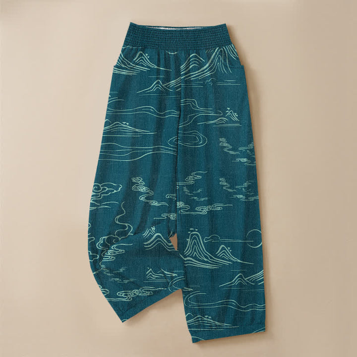 Buddha Stones Cotton Mountain Moon Auspicious Clouds Pattern Pleated Elastic Waist Women's Harem Pants With Pockets - image 13