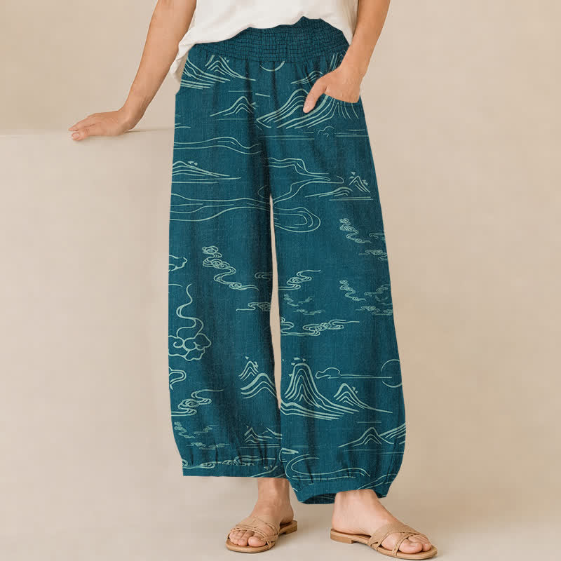 Buddha Stones Cotton Mountain Moon Auspicious Clouds Pattern Pleated Elastic Waist Women's Harem Pants With Pockets - Teal - US16，UK/AU20，EU48 (3XL) - image 10
