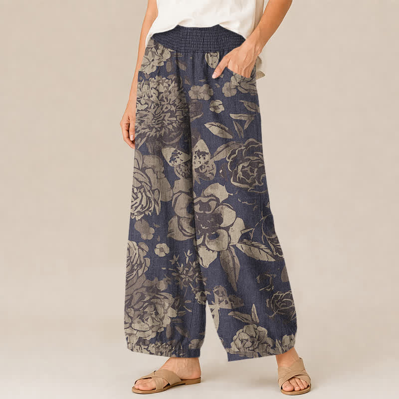 Buddha Stones Cotton Vintage Peony Flowers Leaves Pattern Pleated Elastic Waist Women's Harem Pants With Pockets - image 1