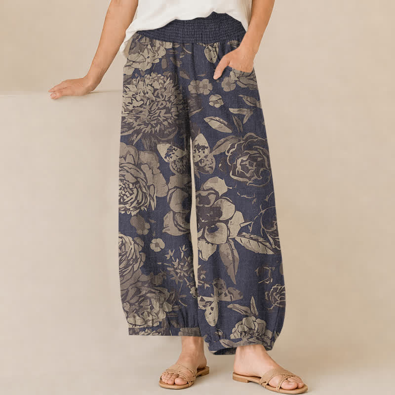 Buddha Stones Cotton Vintage Peony Flowers Leaves Pattern Pleated Elastic Waist Women's Harem Pants With Pockets - DarkSlateBlue - US16，UK/AU20，EU48 (3XL) - image 0