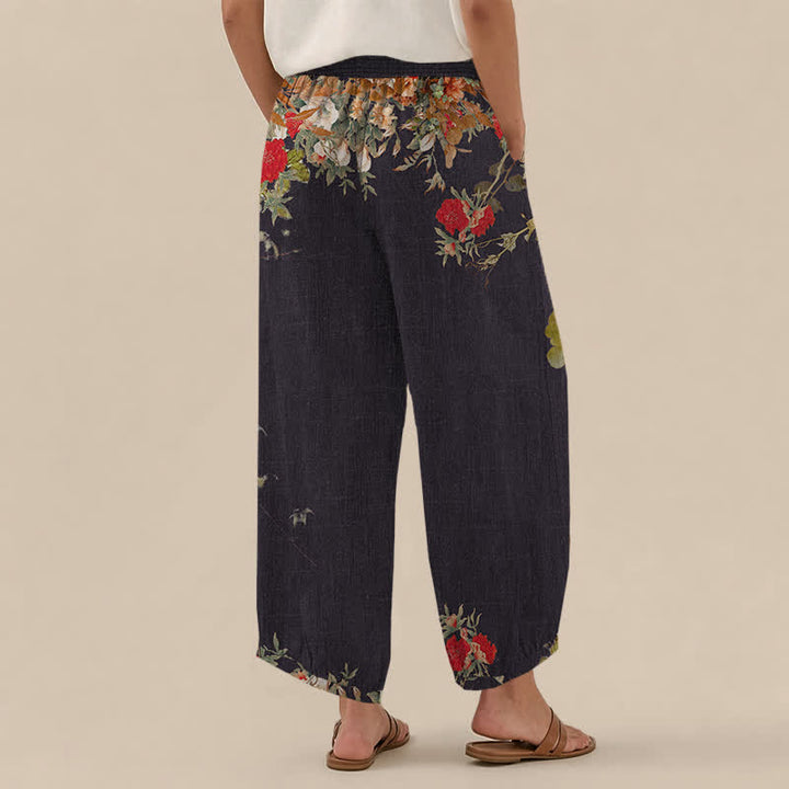 Buddha Stones Cotton Bohemian Red Floral Pattern Pleated Elastic Waist Women's Harem Pants With Pockets - image 2
