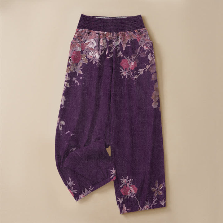 Buddha Stones Cotton Bohemian Red Floral Pattern Pleated Elastic Waist Women's Harem Pants With Pockets - image 9