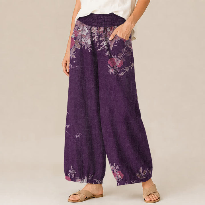 Buddha Stones Cotton Bohemian Red Floral Pattern Pleated Elastic Waist Women's Harem Pants With Pockets - image 7
