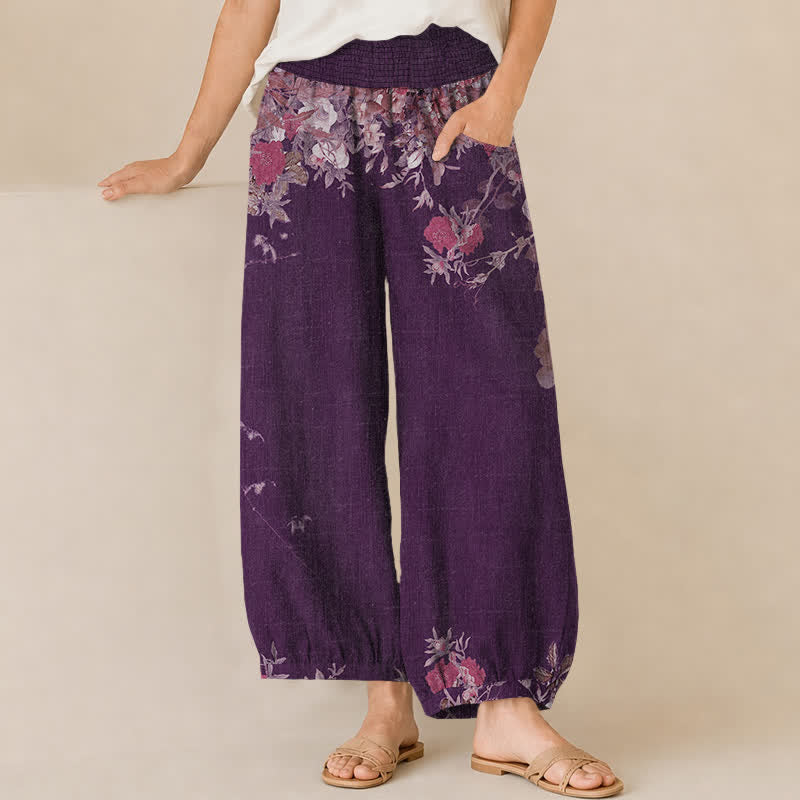 Buddha Stones Cotton Bohemian Red Floral Pattern Pleated Elastic Waist Women's Harem Pants With Pockets - Purple - US16，UK/AU20，EU48 (3XL) - image 6