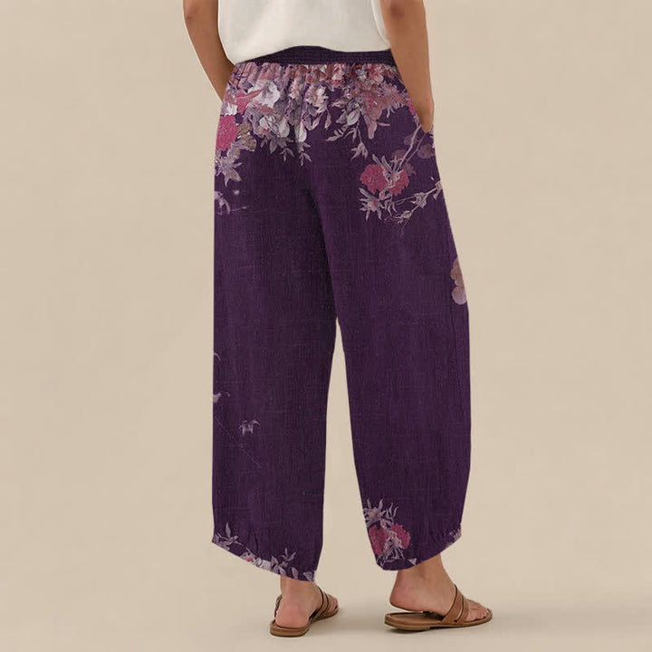 Buddha Stones Cotton Bohemian Red Floral Pattern Pleated Elastic Waist Women's Harem Pants With Pockets - image 8