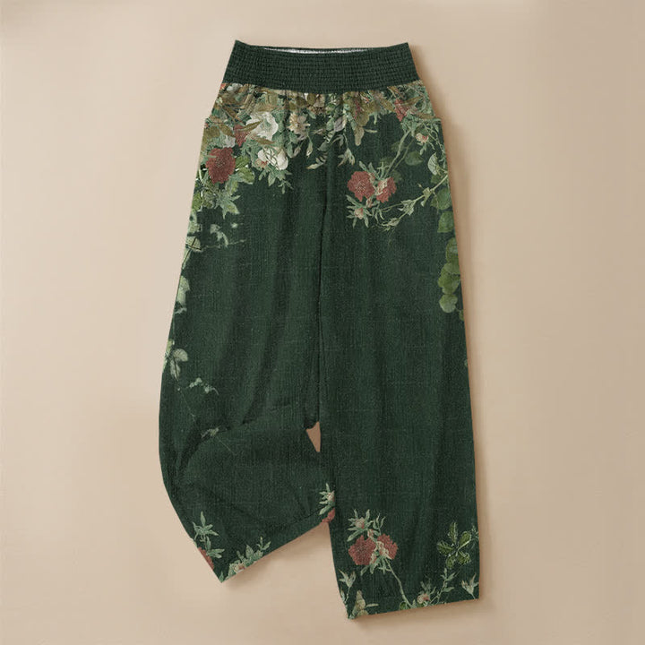 Buddha Stones Cotton Bohemian Red Floral Pattern Pleated Elastic Waist Women's Harem Pants With Pockets - image 13