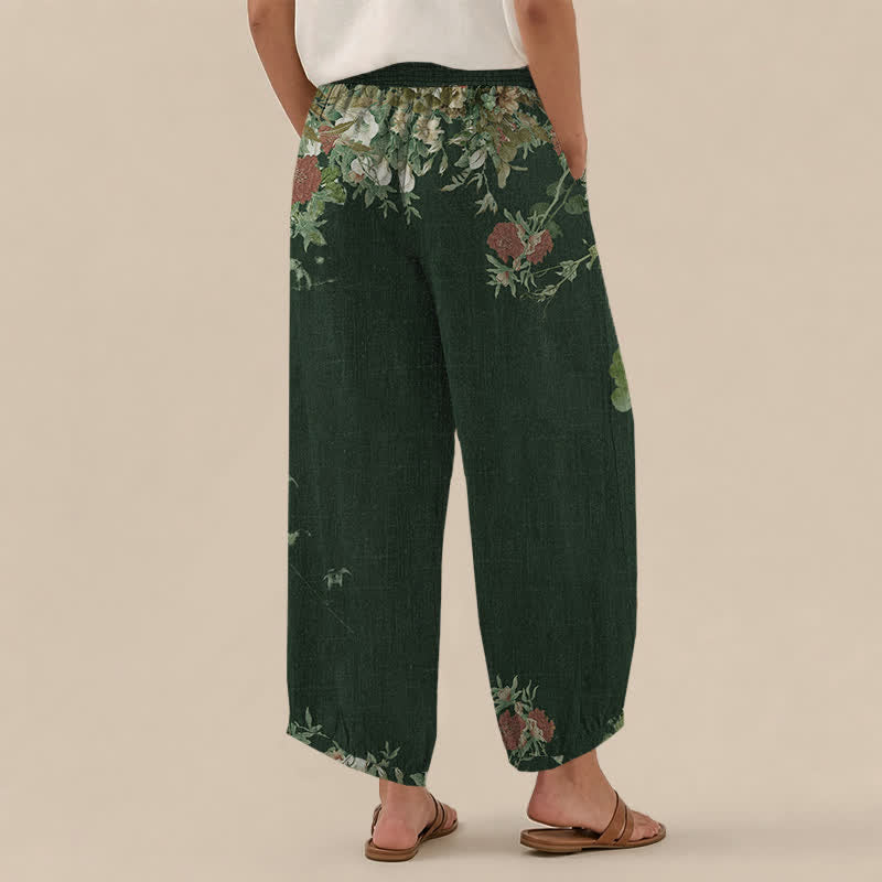 Buddha Stones Cotton Bohemian Red Floral Pattern Pleated Elastic Waist Women's Harem Pants With Pockets - image 12