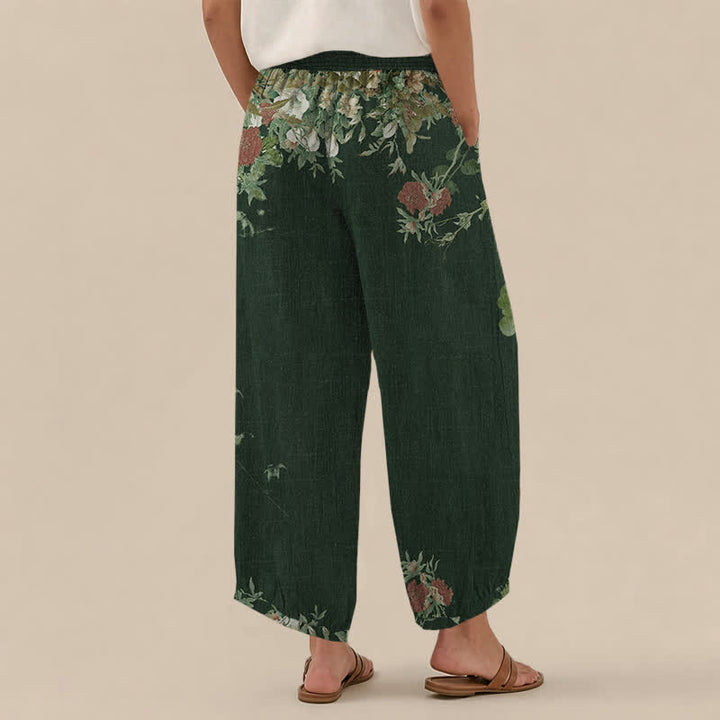 Buddha Stones Cotton Bohemian Red Floral Pattern Pleated Elastic Waist Women's Harem Pants With Pockets - image 12