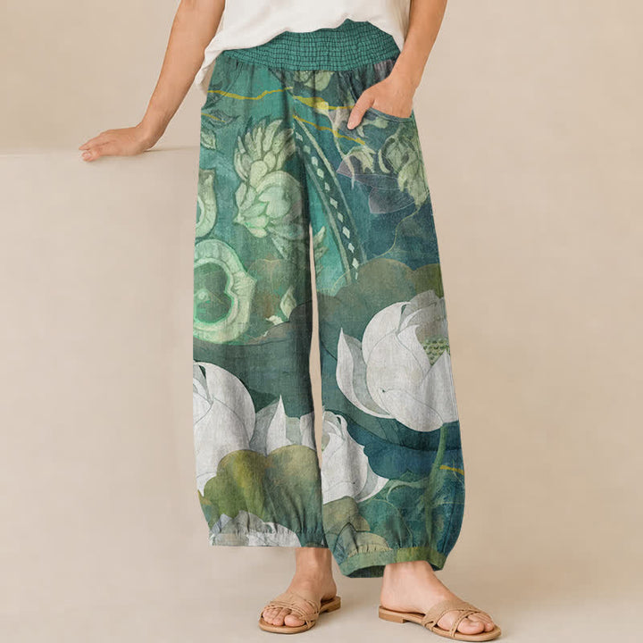 Buddha Stones Cotton White Lotus Bloom Pattern Pleated Elastic Waist Women's Harem Pants With Pockets - MediumSeaGreen - US16，UK/AU20，EU48 (3XL) - image 0