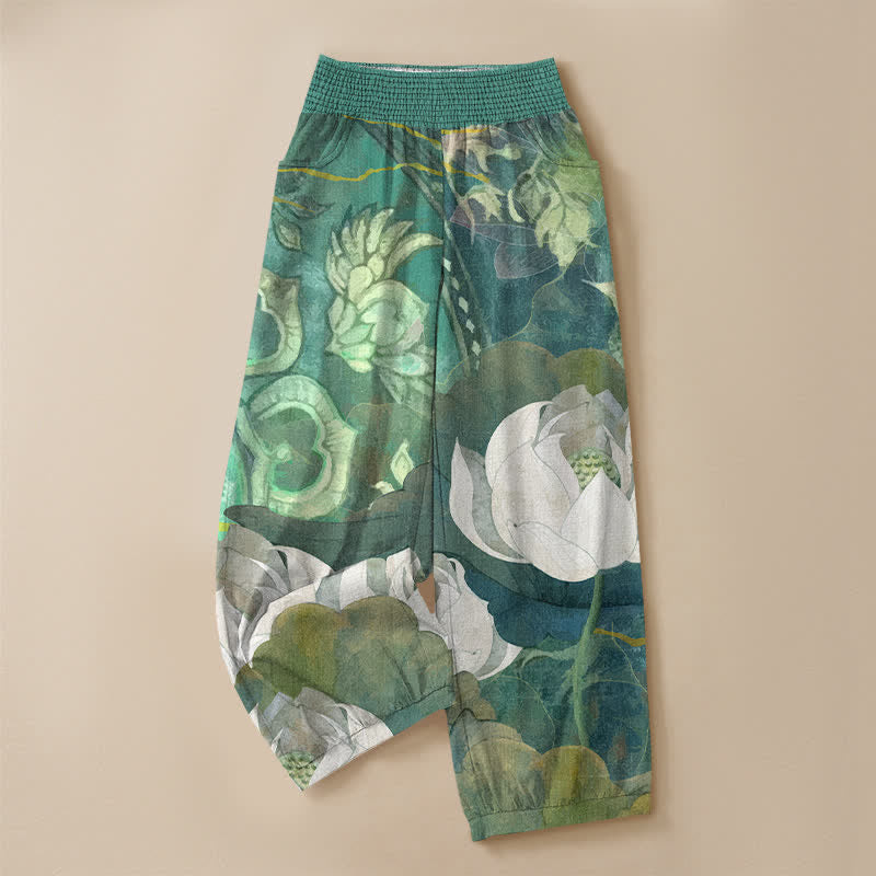 Buddha Stones Cotton White Lotus Bloom Pattern Pleated Elastic Waist Women's Harem Pants With Pockets - image 3