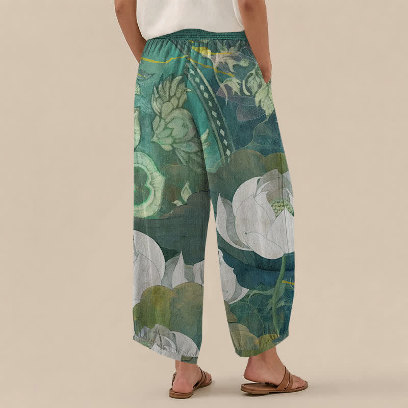 Buddha Stones Cotton White Lotus Bloom Pattern Pleated Elastic Waist Women's Harem Pants With Pockets - image 2