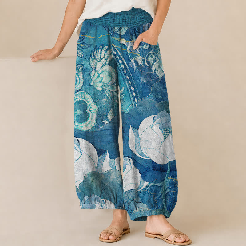 Buddha Stones Cotton White Lotus Bloom Pattern Pleated Elastic Waist Women's Harem Pants With Pockets - MediumTurquoise - US16，UK/AU20，EU48 (3XL) - image 6