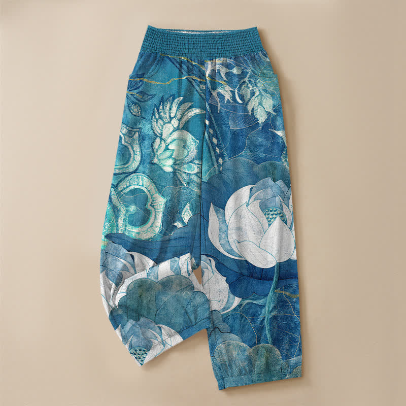 Buddha Stones Cotton White Lotus Bloom Pattern Pleated Elastic Waist Women's Harem Pants With Pockets - image 9