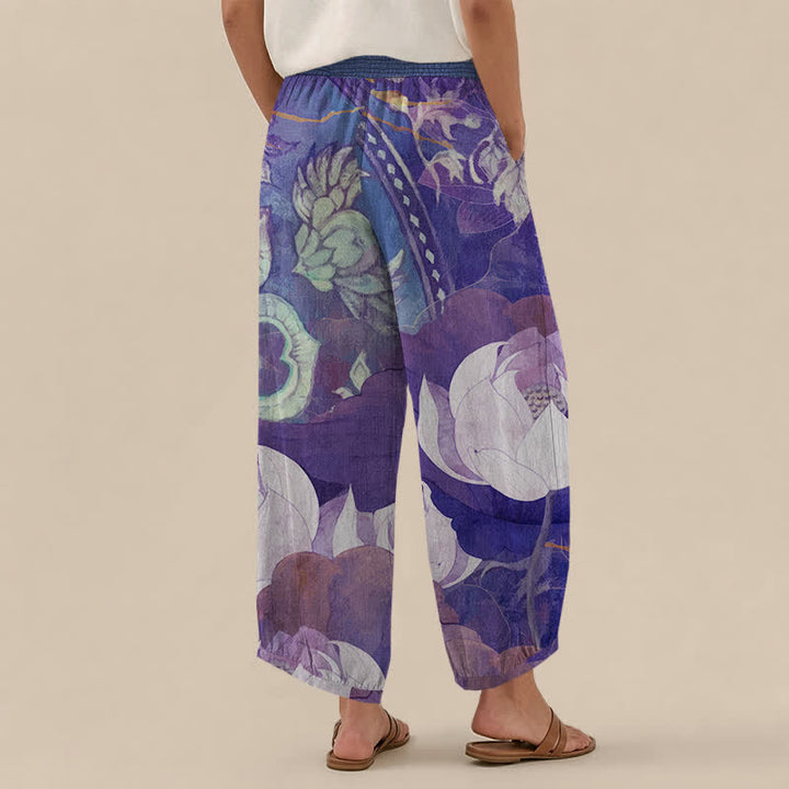 Buddha Stones Cotton White Lotus Bloom Pattern Pleated Elastic Waist Women's Harem Pants With Pockets - image 12