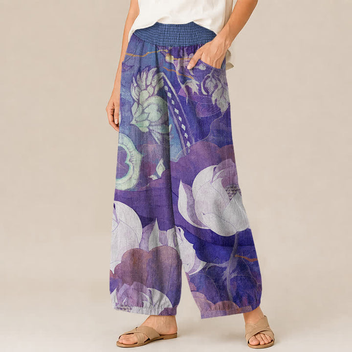 Buddha Stones Cotton White Lotus Bloom Pattern Pleated Elastic Waist Women's Harem Pants With Pockets - image 11