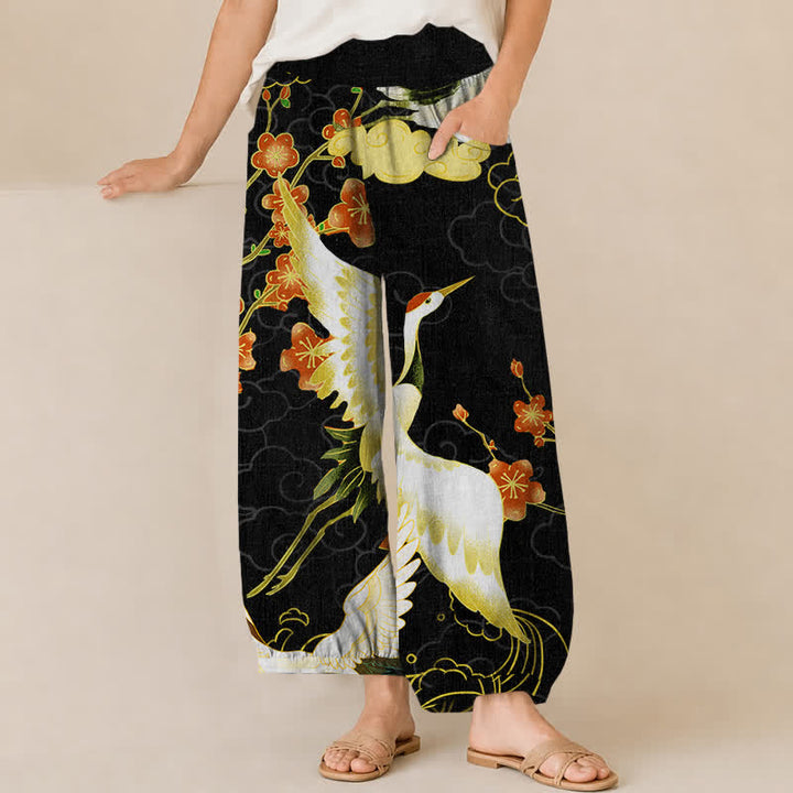 Buddha Stones Cotton Oriental Crane Blossom Pattern Pleated Elastic Waist Women's Harem Pants With Pockets - Black - US16，UK/AU20，EU48 (3XL) - image 0