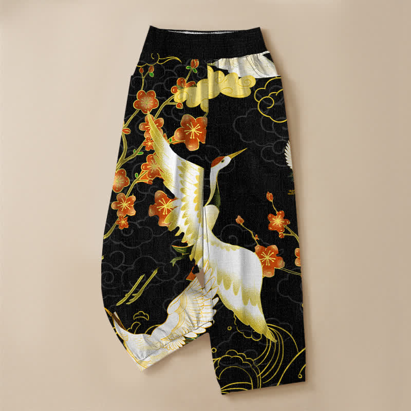 Buddha Stones Cotton Oriental Crane Blossom Pattern Pleated Elastic Waist Women's Harem Pants With Pockets - image 3