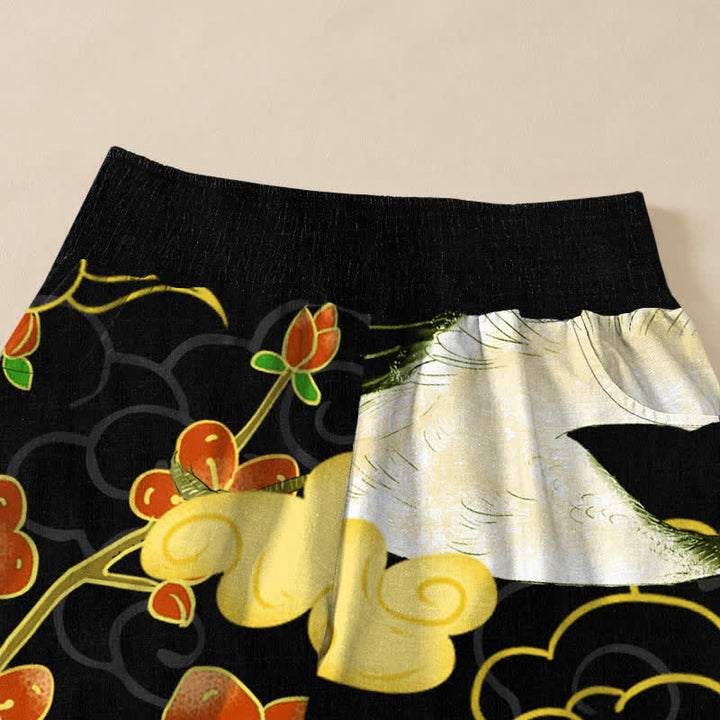 Buddha Stones Cotton Oriental Crane Blossom Pattern Pleated Elastic Waist Women's Harem Pants With Pockets - image 4