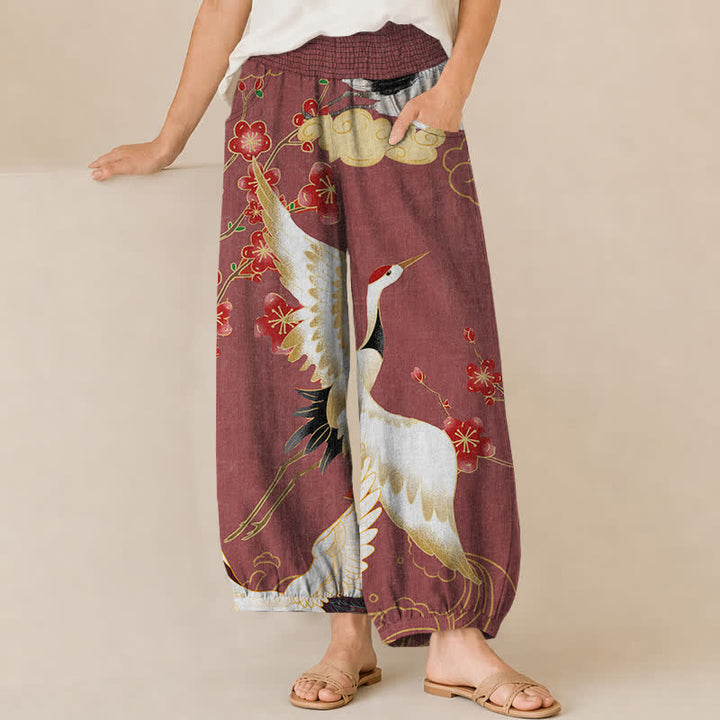 Buddha Stones Cotton Oriental Crane Blossom Pattern Pleated Elastic Waist Women's Harem Pants With Pockets - IndianRed - US16，UK/AU20，EU48 (3XL) - image 6
